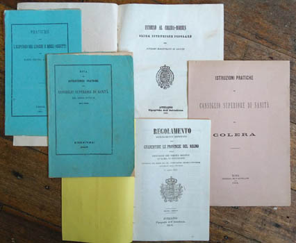 Cholera. - A gathering of five Italian pamphlets on Cholera dating from 1849 to 1884: Intorno al Colera-Morbus Prima Istruzione Popolare ... [and] Regolamento Sovranamenve Approvato per Guarentire le Provincie del Regno dalla Diffusione del Colera Asiatico qualore vi penetrasse ... [and] Pratiche per l'Espurgo dei Luoghi e Degli Oggetti che Hanno Servito a Colerosi [and] Nota ed Avertenze Pratiche del Consiglio Superiore di Sanita ... sulla Colera [and] Istruzioni Pratiche del Consiglio Superiore di Sanita sul Colera.