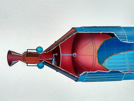 Ikematsu Hitoshi. - Original illustration of a rocket-like space ship.