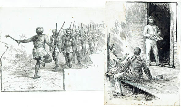 SPENCE, Percy Frederick Seaton. - Two ink drawings: native police and apparent new chums with a settler.